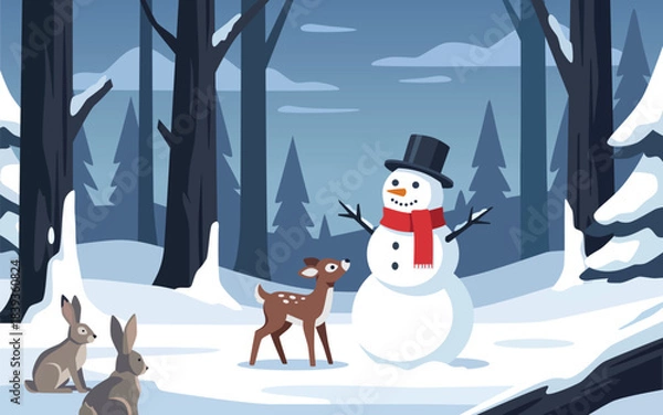 Obraz Snowman and Friends in a Winter Forest