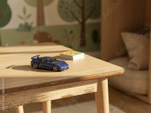 Fototapeta Empty children’s desk mockup in primary school boy bedroom, clean wooden table top with minimal decor, bright and playful Scandinavian kids room background, perfect for stationery and toy product plac