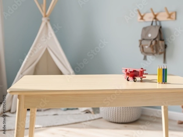 Fototapeta Empty children’s desk mockup in primary school boy bedroom, clean wooden table top with minimal decor, bright and playful Scandinavian kids room background, perfect for stationery and toy product plac