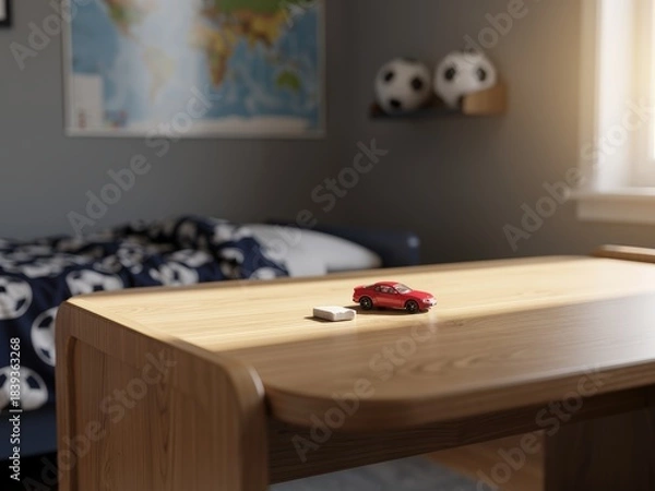 Fototapeta Empty children’s desk mockup in primary school boy bedroom, clean wooden table top with minimal decor, bright and playful Scandinavian kids room background, perfect for stationery and toy product plac