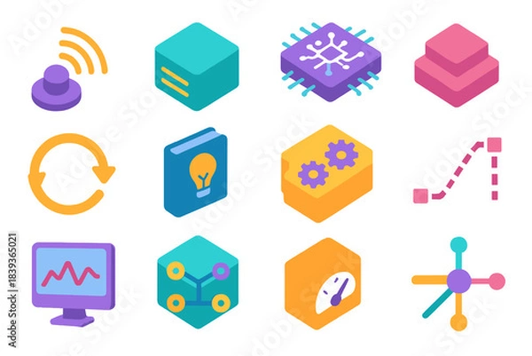 Fototapeta System Architecture Icons. Intelligent System Architecture isometric flat set: sensor input node, data preprocessing block, feature extraction tile, model core unit, decision layer