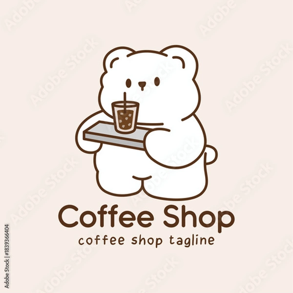 Obraz Charming coffee logo featuring bear mascot serving iced coffee on tray. Cute illustration with minimalist style for cafe and beverage branding.