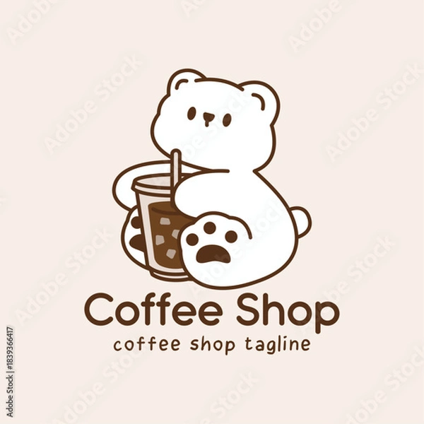 Obraz Charming coffee logo featuring bear mascot hugging large iced coffee cup. Cute illustration with minimalist style for cafe and beverage branding.