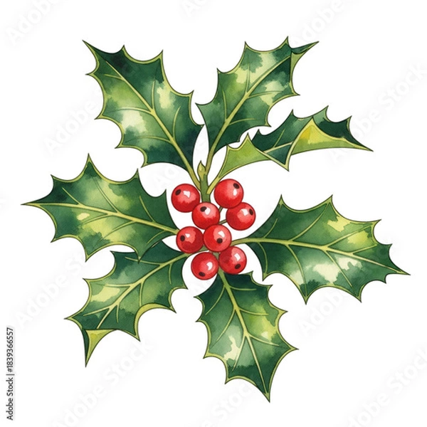 Fototapeta Watercolor Holly sprig with red berries isolated on a transparent background