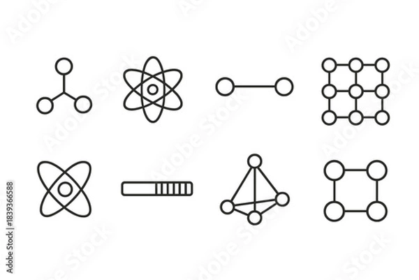 Obraz Atomic Icon Patterns. Atomic-level pattern networks linear set: atom node tile, electron cloud ring, bonding pathway bar, lattice point, orbital arc, charge distribution strip,