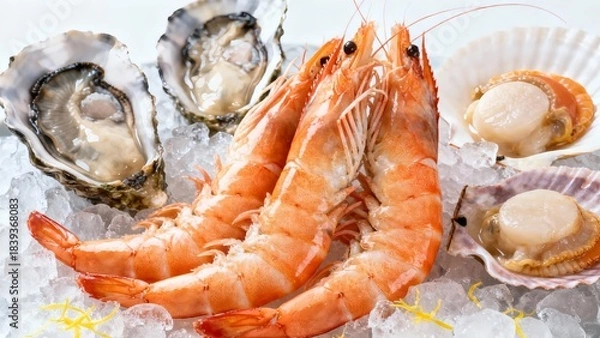 Fototapeta Fresh Assortment of Seafood on Crushed Ice, Featuring Oysters, Prawns, and Scallops