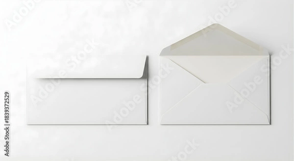 Fototapeta Two white envelopes arranged on simple background for mail, correspondence, invitations, or greetings