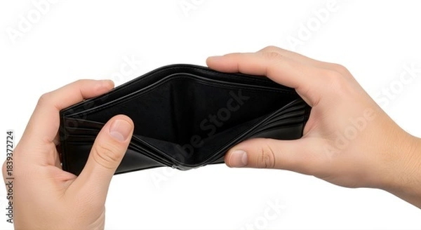 Fototapeta Man hands holding empty black leather wallet, showing lack of money on white background