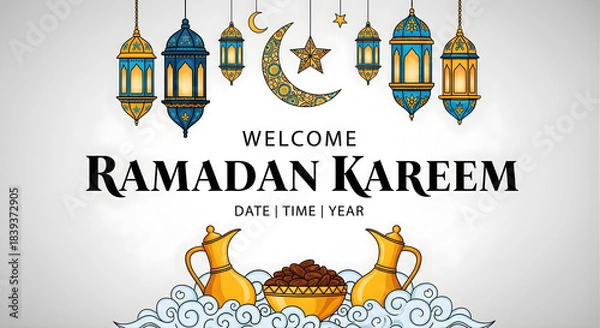 Fototapeta Welcome ramadan kareem with hanging lanterns and dates on clouds on a white background