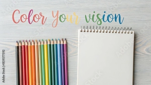 Obraz Colorful pencils and a notepad on a wooden surface