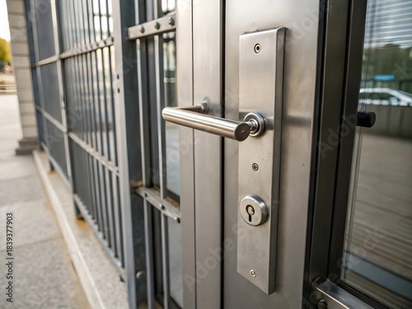 Fototapeta Metal door handle with lock and lock on the entrance to the building