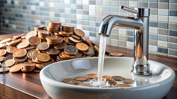 Fototapeta Faucet with coins on the table in the bathroom. Saving money concept