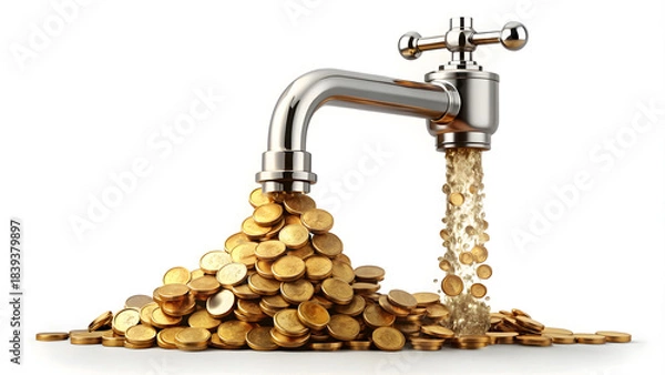 Fototapeta Faucet with gold coins isolated on white background, business concept