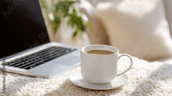 Obraz White coffee cup filled with hot beverage sits on saucer beside laptop on cozy textured blanket in bright indoor setting, creating a warm and inviting workspace atmosphere