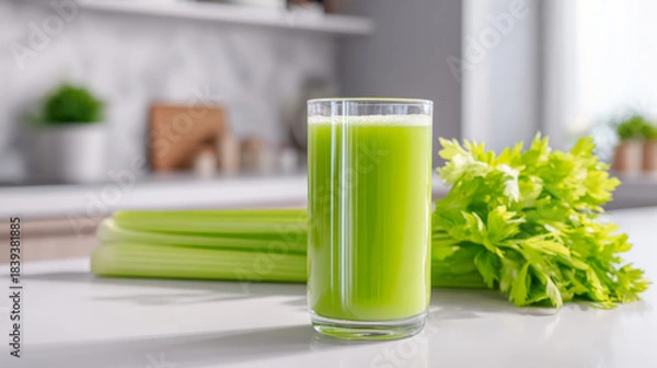 Obraz Fresh green celery juice in a clear glass sits on a kitchen countertop, with vibrant celery stalks nearby, showcasing healthy beverage preparation and natural ingredients