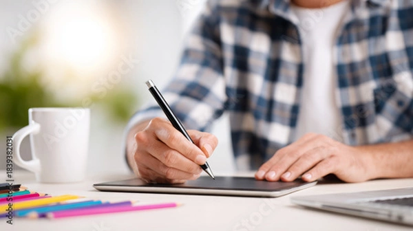 Obraz Male designer in checkered shirt using digital tablet for creative work, with colorful markers and coffee cup on table, showcasing modern workspace and artistic process