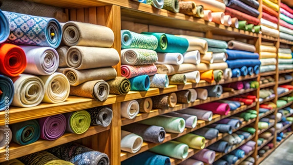 Fototapeta Colorful fabric rolls on shelf in textile shop, stock photo image