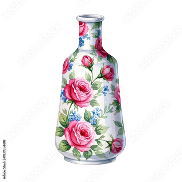 Fototapeta Watercolor White vase with pink roses and blue flowers isolated on a transparent background