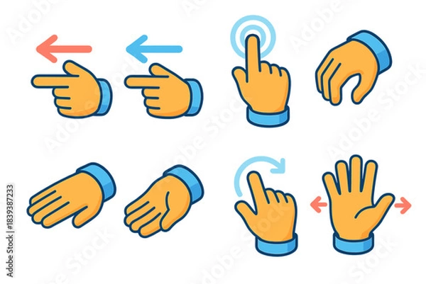 Obraz Isometric Gesture Icons. Hand motion icons isometric flat set: swipe left, swipe right, tap gesture, grab motion, push hand, pull hand, rotate gesture, stretch fingers.