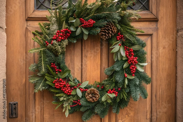 Obraz Christmas wreath with red berries and pinecones on wooden door
