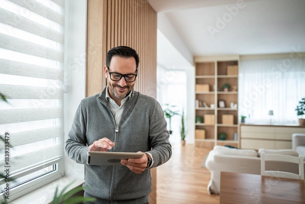 Obraz Man using digital tablet for smart home management