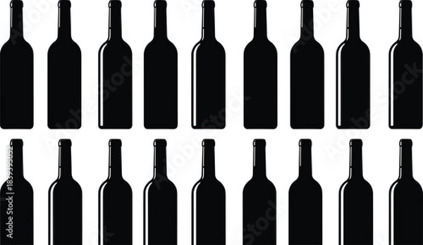 Obraz Grid of identical wine bottle silhouettes, black beverage icons, minimalist alcohol design, winery branding graphic for stock illustration use