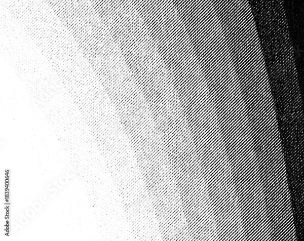 Obraz Macro halftone gradient forming a curved tonal band in dense diagonal lines on a transparent background. Smooth shift from light to dark with subtle layered texture.