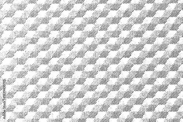 Obraz Macro halftone pattern of repeating hexagonal pyramids seen from above, forming staggered diagonal tiles in black ink on a transparent background.