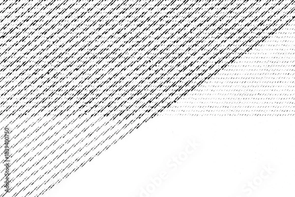 Obraz Macro halftone of scratchy diagonal lines forming a dark triangular gradient that fades to blank. Black ink marks on a transparent background.