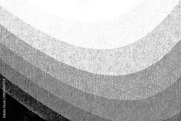Obraz Macro photo of printed halftone arcs forming a soft layered gradient from light to dark. Black diagonal dots and lines on a transparent background.