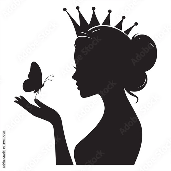 Fototapeta A woman with a crown and butterfly a captivating black silhouette