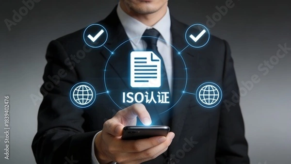 Obraz Businessman interacting with ISO certification graphic