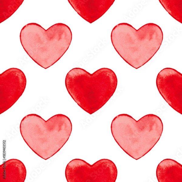 Fototapeta Red hearts, watercolor seamless pattern on a white background. Valentine's cards, hand-drawn illustration.