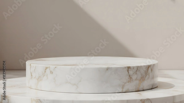 Fototapeta Stacked white marble cylindrical podiums for product display with subtle gold veins, placed on a matching reflective surface with soft side lighting and shadows