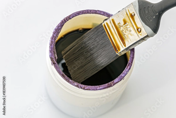 Obraz A close-up photograph shows a paint brush with a black handle and metal ferrule immersed in an open can of lacquer.