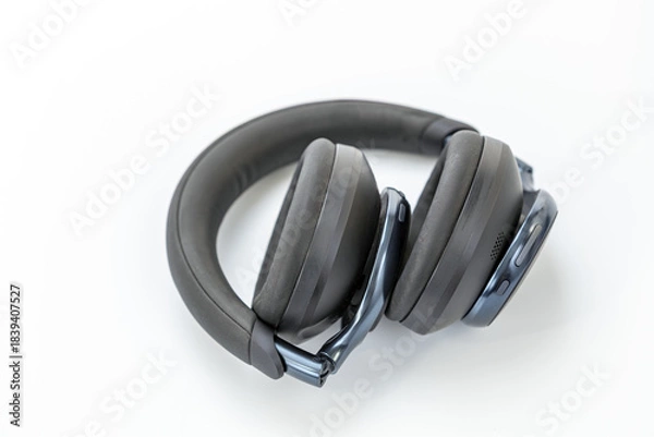 Obraz Black wireless over-ear headphones folded with cushioned ear pads and headband, control buttons visible on the ear cup