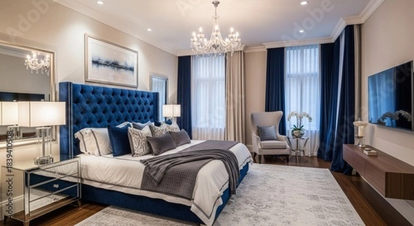 Obraz Luxurious master bedroom showcasing elegant blue and gray design elements.