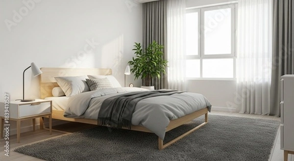 Obraz Serene Bedroom Interior with Natural Light and Minimalist Design Elements