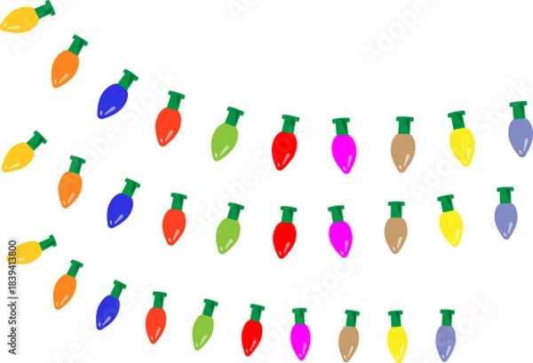 Fototapeta Christmas garland with multicolored glowing bulbs isolated on transparent background. Festive holiday light string decoration for Christmas party, New Year celebration, seasonal design, or winter even