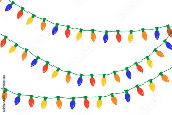 Fototapeta Twinkling fairy lights glow in soft amber. Golden garland loops around festive corner. Warm bulbs dangle on celebration wire. Holiday sparkle brightens the dark scene.