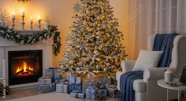 Fototapeta Festive living room setting displays a warm fireplace and a brightly lit holiday tree with wrapped presents