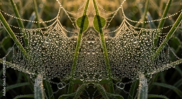 Fototapeta Intricate gossamer structure glistens with numerous tiny spheres of moisture in morning light