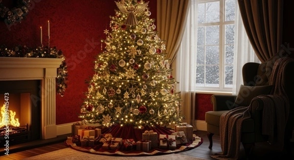 Fototapeta Illuminated holiday tree stands beside a cozy armchair near a window showing snowfall inside a warmly decorated room