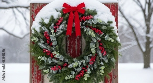 Fototapeta Evergreen holiday wreath adorned with red berries and bow rests against weathered wood in winter