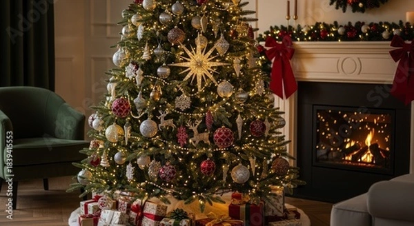 Fototapeta Decorated evergreen tree shines brightly next to a warm fireplace in a cozy room setting