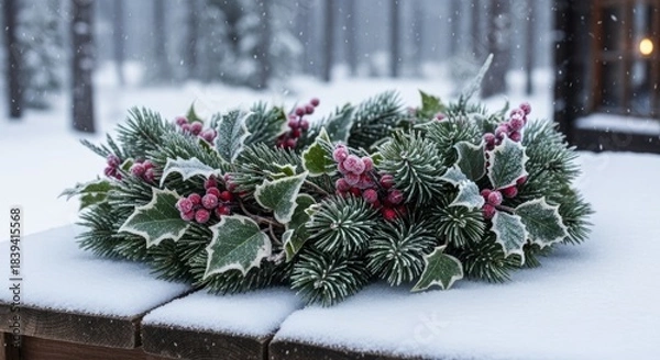 Fototapeta Festive evergreen arrangement adorned with frosted berries rests on a snow-covered wooden surface during a snowfall