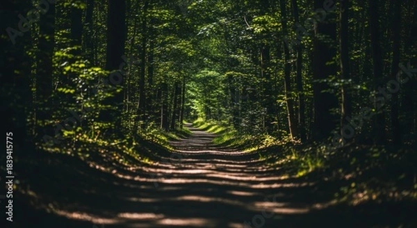 Fototapeta Shaded dirt path winds deeply into a dense, vibrant green forest canopy