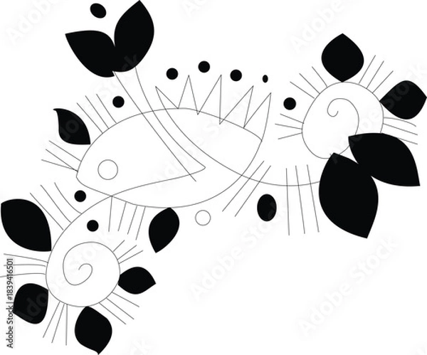 Fototapeta Stylized black and white organic floral pattern with leaves, spirals, and intricate line art decoration isolated on transparent background, Vector