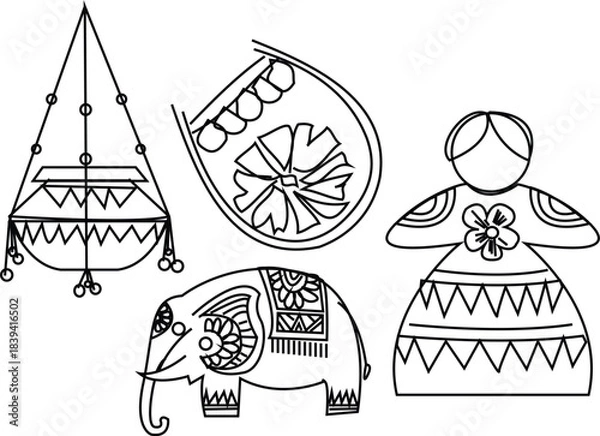 Fototapeta Indian cultural outline set: elephant, hanging pot, traditional doll, and decorative scoop vector illustration isolated on transparent background, Vector