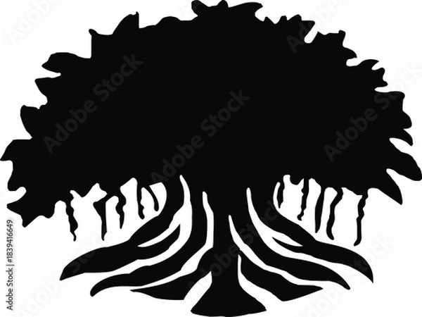 Fototapeta Bold black silhouette of a banyan tree with intricate roots, symbolizing growth and stability isolated on transparent background, Vector